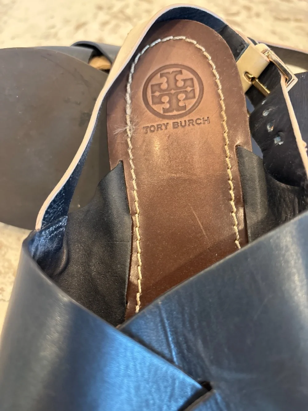Tory Burch Navy Leather Criss Cross Slingback Sandals Cream Strap Size 11